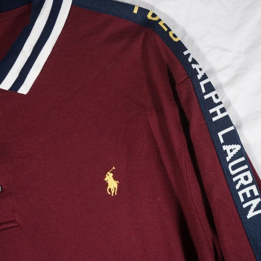 Polo Ralph Lauren Polo Shirt Maroon Black Yellow Spellout Logo Men's XL